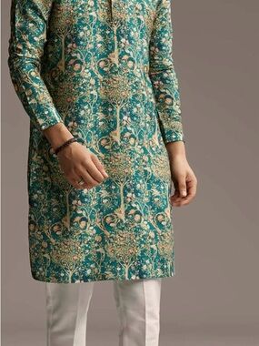 KALKI Fashion Teal Floral Printed Men's Kurta Shirt - Teal